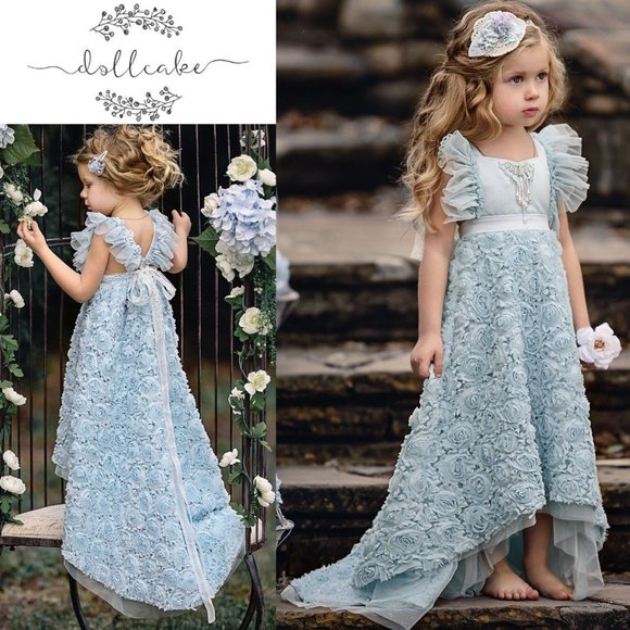 Dollcake Blue Rosette Beaded Dress Frock Gown Dress w Headband Girls EUC sz  3